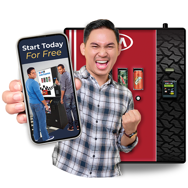 man excited about a free vending machines at no cost with custom graphics - start today